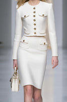 Load image into Gallery viewer, 2 Piece White Pencil Short Tweed Interview Outfits with Buttons