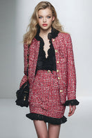 Load image into Gallery viewer, 2 Piece Red Black Grid Short Pencil Tweed Interview Outfits with Ruffles