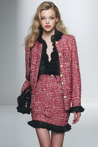 2 Piece Red Black Grid Short Pencil Tweed Interview Outfits with Ruffles