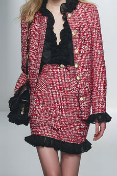 2 Piece Red Black Grid Short Pencil Tweed Interview Outfits with Ruffles
