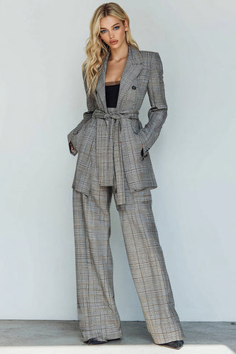 2 Piece Grey Grid Notched Lapel Business Suits with Pockets
