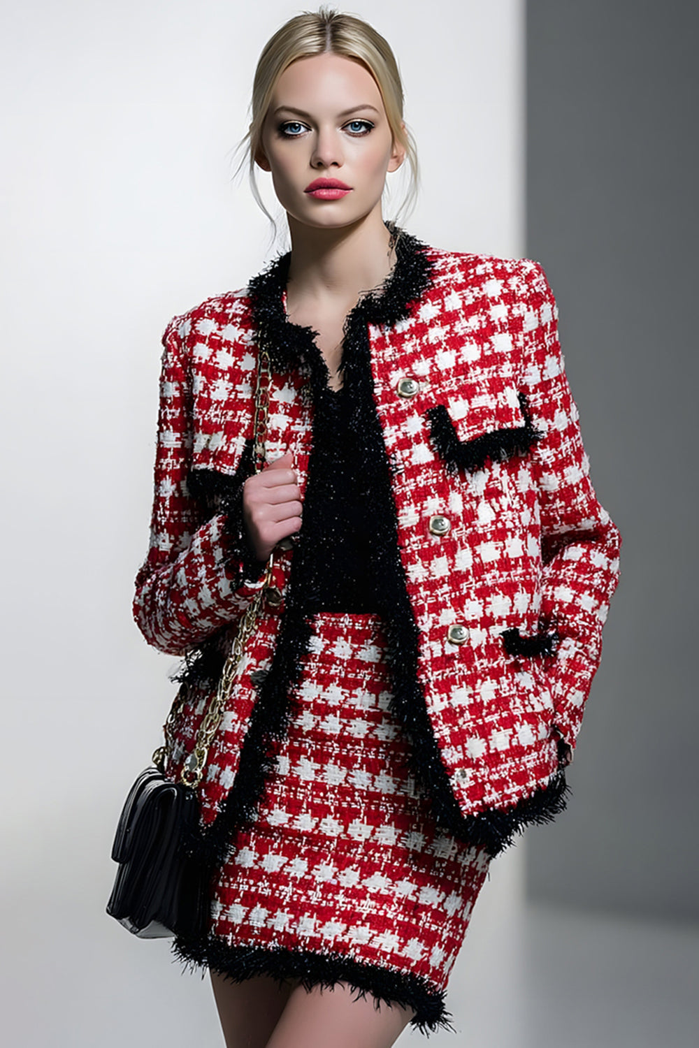 2 Piece Red Grid Pencil Single Breasted Tweed Short Pageant Interview Outfits