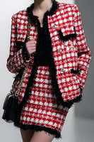 Load image into Gallery viewer, 2 Piece Red Grid Pencil Single Breasted Tweed Short Pageant Interview Outfits