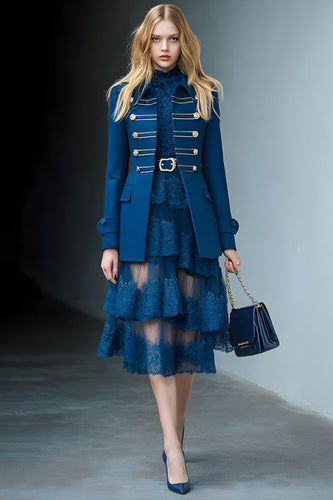 Dark Blue Prom Long Sleeves Blazer with Buttons
