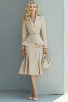 Load image into Gallery viewer, Queendancer UK Women 2 Piece Light Khaki Business Suits with Sleeves Peak Lapel Pencil Dress Suits with Sash