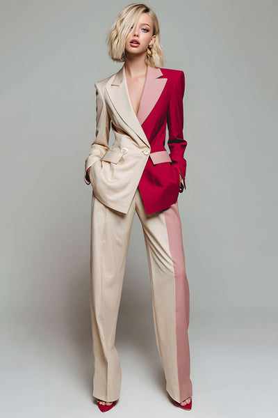 2 Piece Light Khaki Patchwork Notched Lapel Business Suits with Pockets
