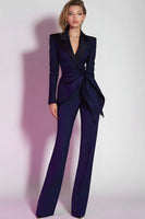 Load image into Gallery viewer, Women 2 Piece Dark Purple Notched Lapel Prom Suits Ruched Fitted Work Pantsuits with Sleeves