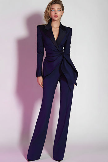 2 Piece Dark Purple Notched Lapel Ruched Fitted Prom Suits