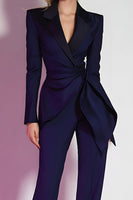 Load image into Gallery viewer, 2 Piece Dark Purple Notched Lapel Ruched Fitted Prom Suits