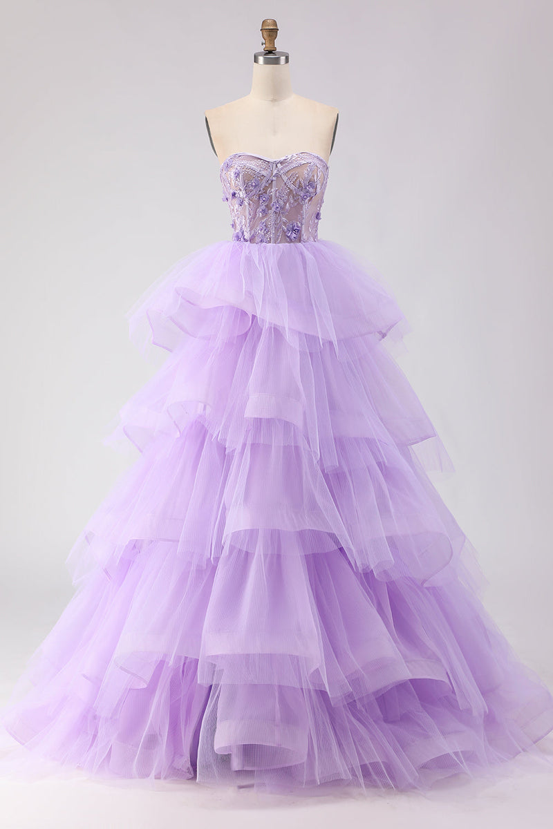 Load image into Gallery viewer, Sparkly Purple Floral Beaded Tulle Long Corset Prom Dress with Ruffles