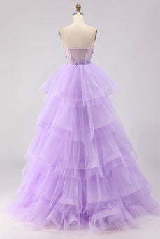 Sparkly Purple Floral Beaded Tulle Long Corset Prom Dress with Ruffles