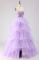 Load image into Gallery viewer, Sparkly Purple Floral Beaded Tulle Long Corset Prom Dress with Ruffles