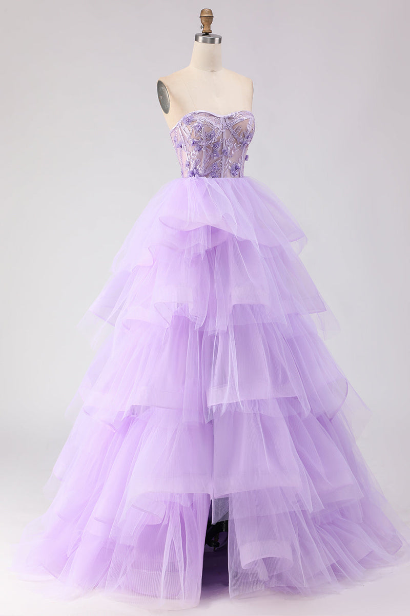 Load image into Gallery viewer, Sparkly Purple Floral Beaded Tulle Long Corset Prom Dress with Ruffles