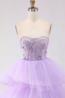 Load image into Gallery viewer, Sparkly Purple Floral Beaded Tulle Long Corset Prom Dress with Ruffles