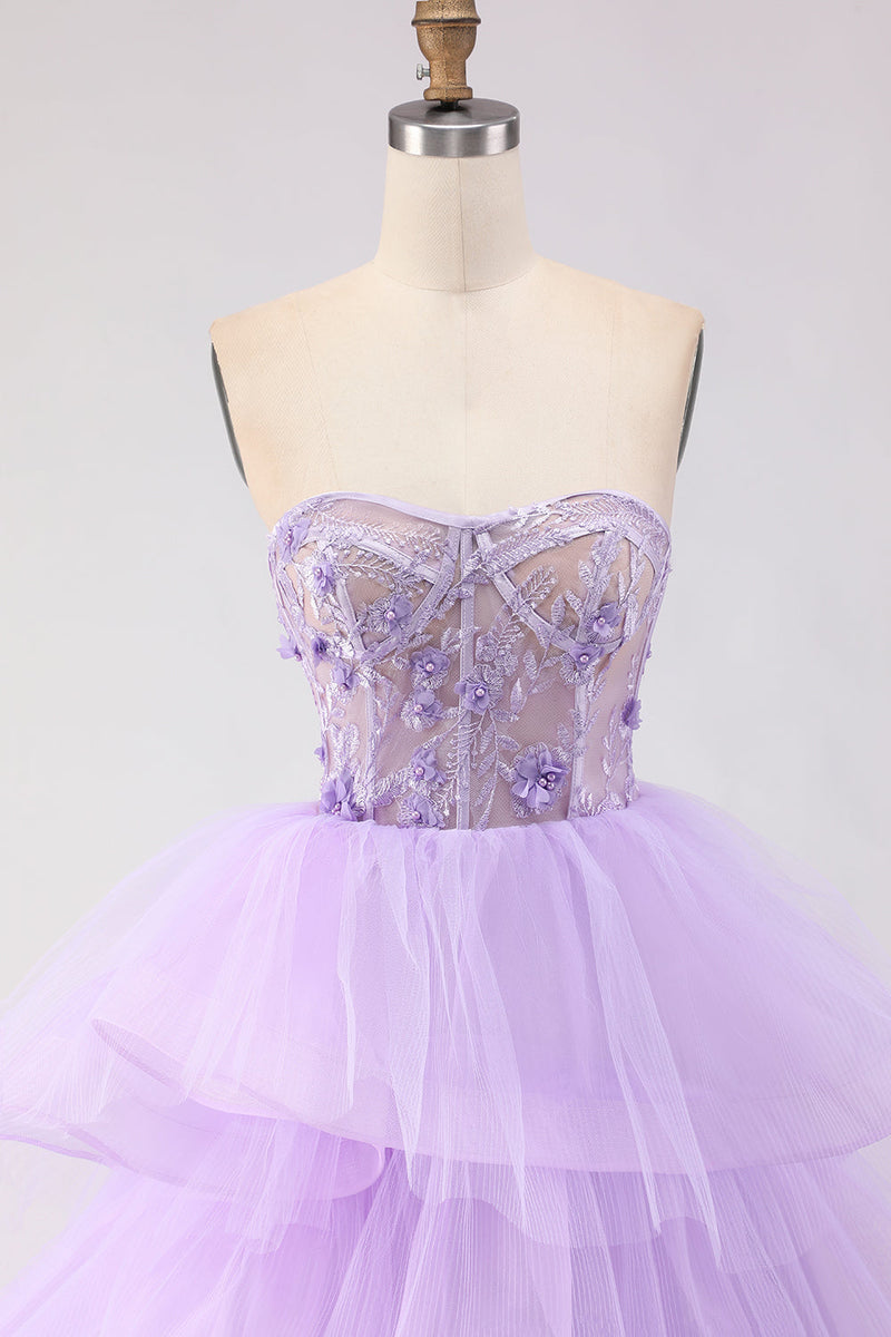 Load image into Gallery viewer, Sparkly Purple Floral Beaded Tulle Long Corset Prom Dress with Ruffles