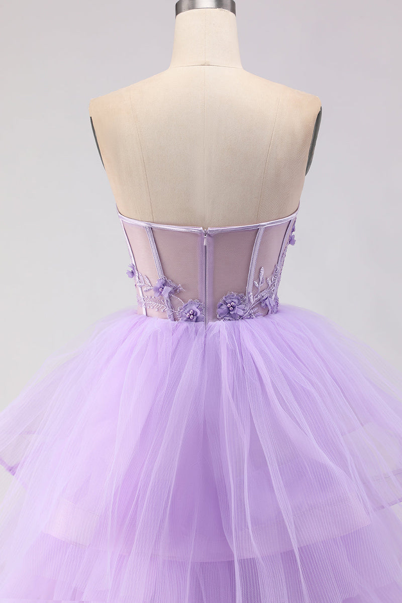 Load image into Gallery viewer, Sparkly Purple Floral Beaded Tulle Long Corset Prom Dress with Ruffles