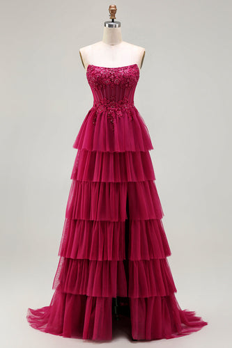 Sparkly Floral Fuchsia Beaded Tiered Long Corset Prom Dress with Slit