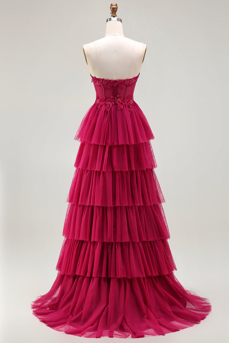 Load image into Gallery viewer, Sparkly Floral Fuchsia Beaded Tiered Long Corset Prom Dress with Slit