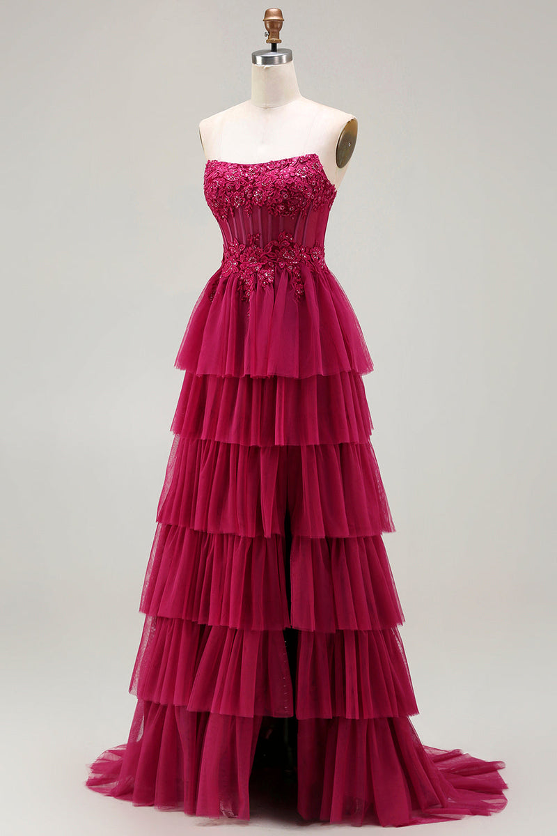 Load image into Gallery viewer, Sparkly Floral Fuchsia Beaded Tiered Long Corset Prom Dress with Slit