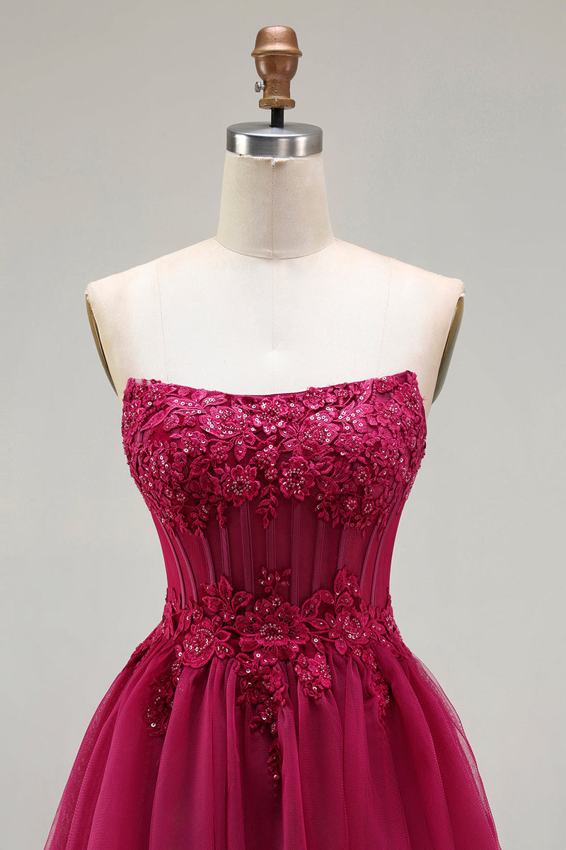 Load image into Gallery viewer, Sparkly Floral Fuchsia Beaded Tiered Long Corset Prom Dress with Slit