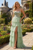 Load image into Gallery viewer, Sparkly Green Beaded Floral Long Corset Prom Dress with Ruffles
