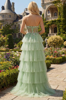 Load image into Gallery viewer, Sparkly Green Beaded Floral Long Corset Prom Dress with Ruffles