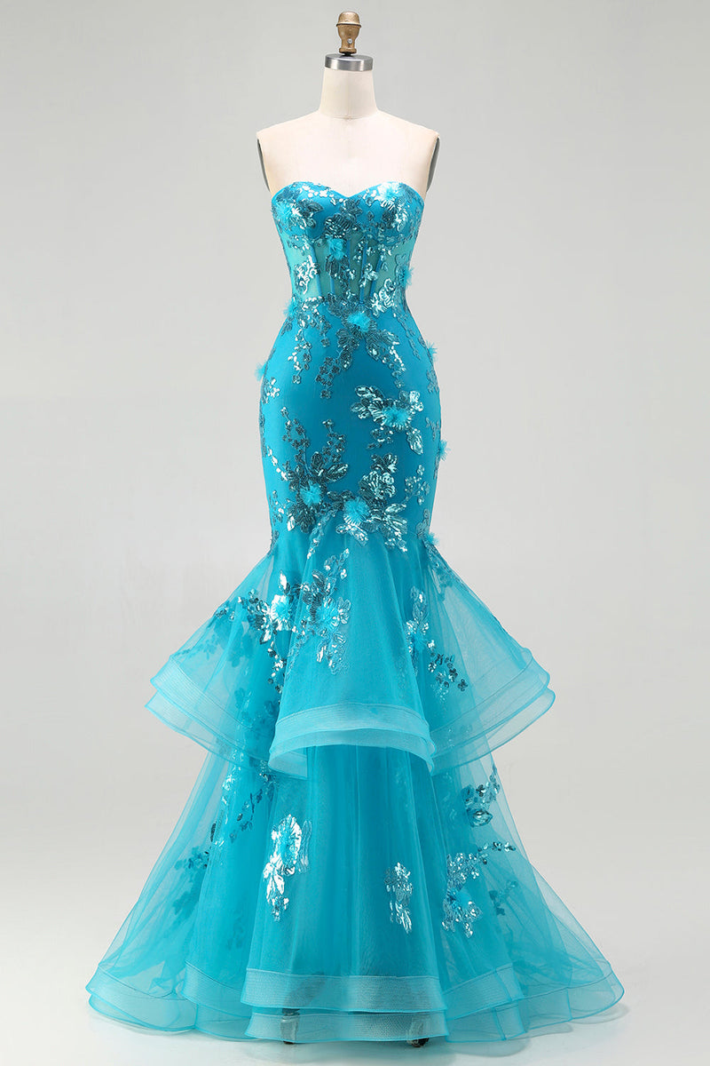 Load image into Gallery viewer, Sparkly Blue Mermaid Sequin Long Corset Prom Dress with Ruffles