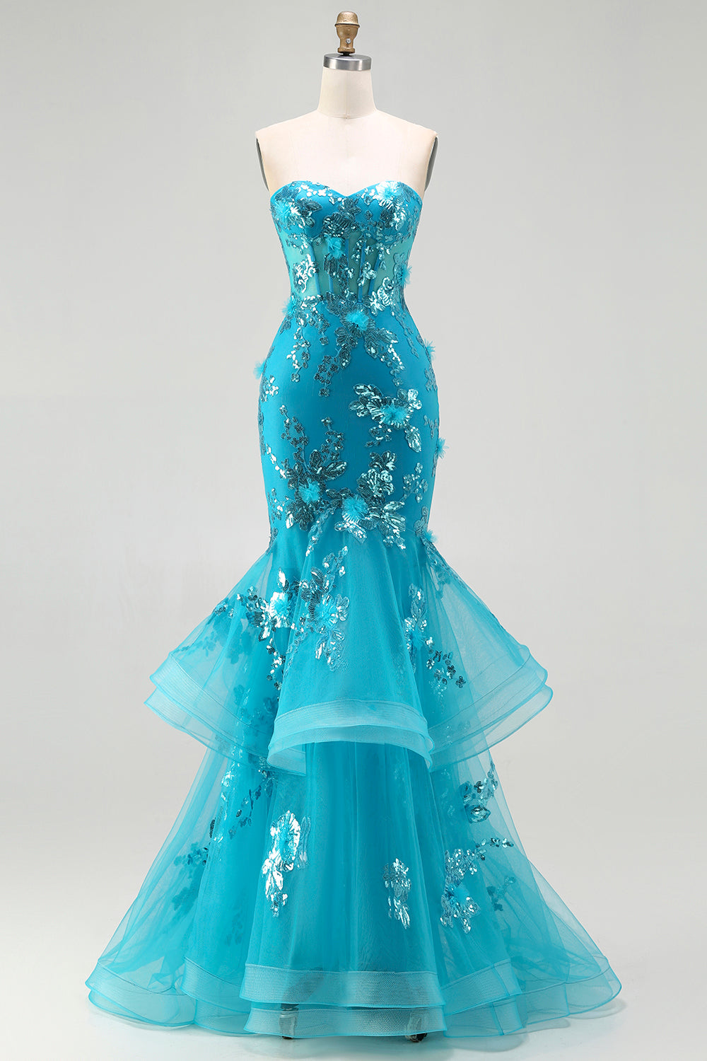 Sparkly Blue Mermaid Sequin Long Corset Prom Dress with Ruffles