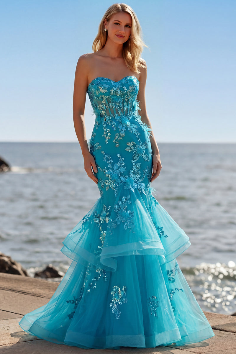 Load image into Gallery viewer, Sparkly Blue Mermaid Sequin Long Corset Prom Dress with Ruffles