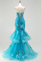 Load image into Gallery viewer, Sparkly Blue Mermaid Sequin Long Corset Prom Dress with Ruffles