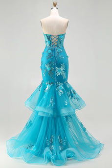 Sparkly Blue Mermaid Sequin Long Corset Prom Dress with Ruffles