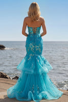Load image into Gallery viewer, Sparkly Blue Mermaid Sequin Long Corset Prom Dress with Ruffles