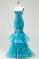 Load image into Gallery viewer, Sparkly Blue Mermaid Sequin Long Corset Prom Dress with Ruffles