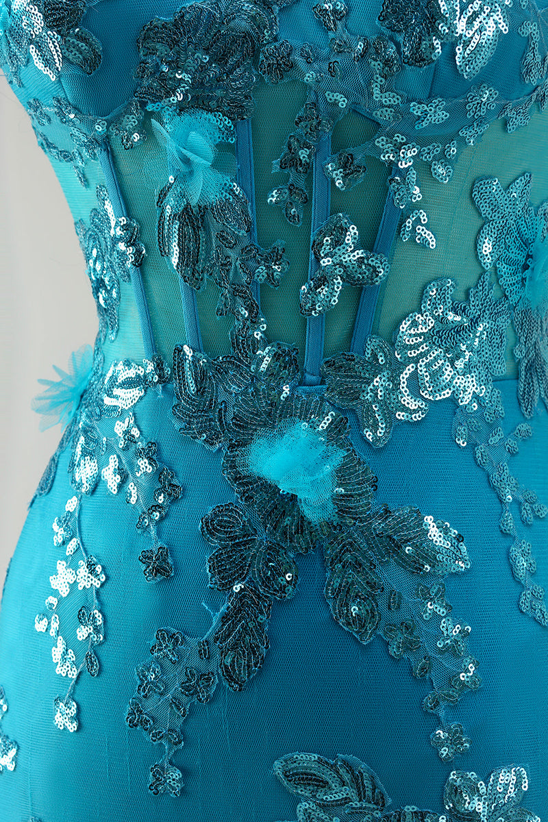 Load image into Gallery viewer, Sparkly Blue Mermaid Sequin Long Corset Prom Dress with Ruffles