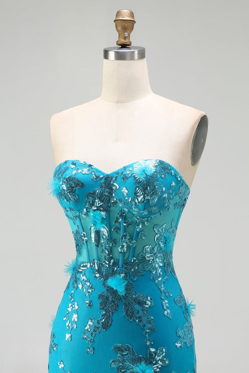 Load image into Gallery viewer, Sparkly Blue Mermaid Sequin Long Corset Prom Dress with Ruffles