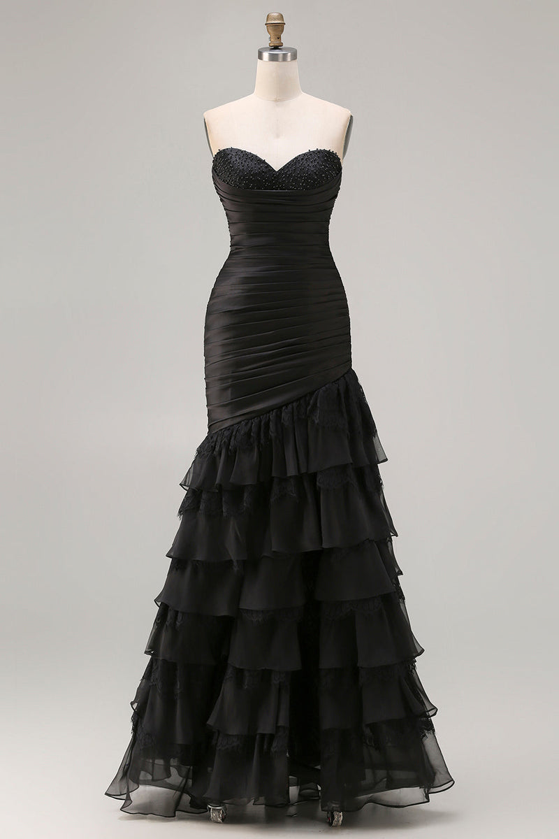 Load image into Gallery viewer, Black Ruched Long Mermaid Prom Dress with Beading
