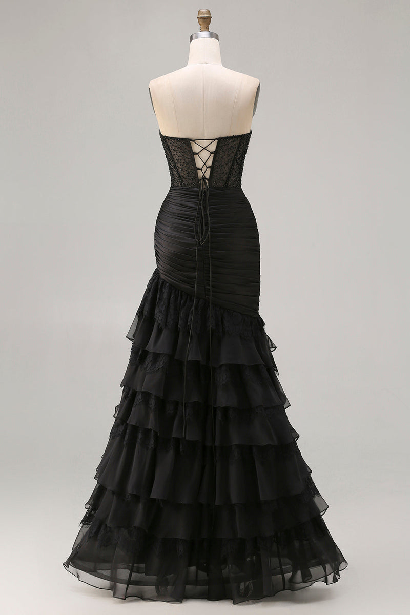 Load image into Gallery viewer, Black Ruched Long Mermaid Prom Dress with Beading