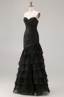 Load image into Gallery viewer, Black Ruched Long Mermaid Prom Dress with Beading