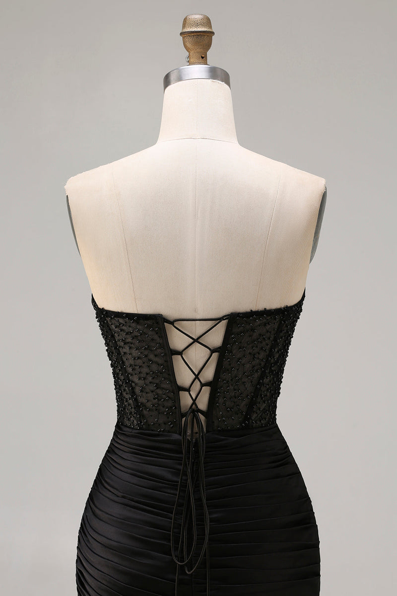 Load image into Gallery viewer, Black Ruched Long Mermaid Prom Dress with Beading