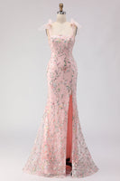 Load image into Gallery viewer, Sparkly Floral Blush Sequins Long Mermaid Prom Dress with Slit