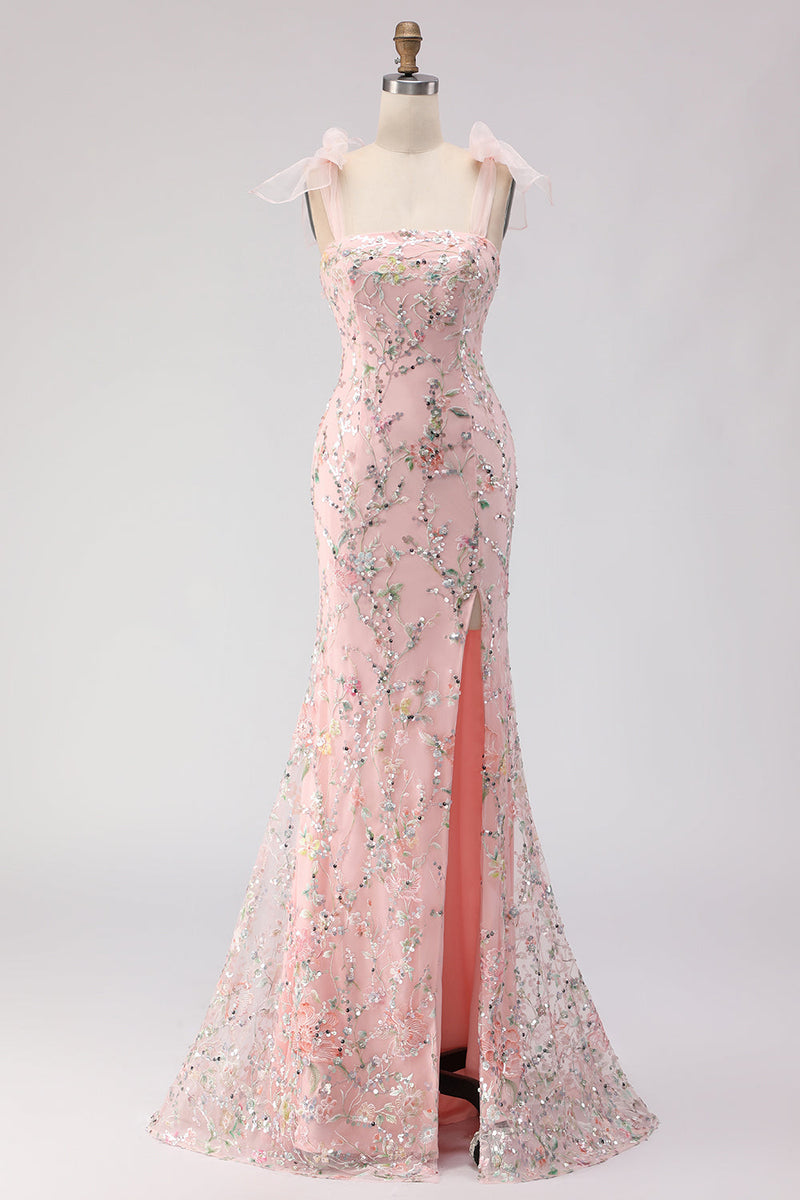 Load image into Gallery viewer, Sparkly Floral Blush Sequins Long Mermaid Prom Dress with Slit