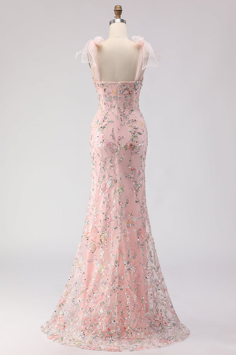 Load image into Gallery viewer, Sparkly Floral Blush Sequins Long Mermaid Prom Dress with Slit