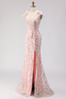 Load image into Gallery viewer, Sparkly Floral Blush Sequins Long Mermaid Prom Dress with Slit