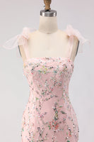 Load image into Gallery viewer, Sparkly Floral Blush Sequins Long Mermaid Prom Dress with Slit