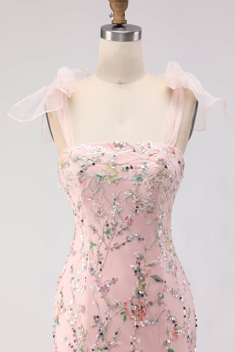 Load image into Gallery viewer, Sparkly Floral Blush Sequins Long Mermaid Prom Dress with Slit