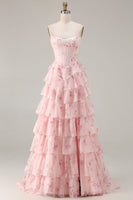 Load image into Gallery viewer, Sparkly Pink and Red Floral Long Corset Prom Dress with Beading