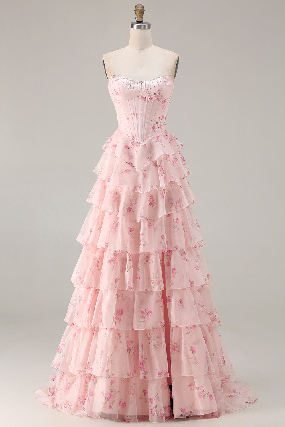 Sparkly Pink and Red Floral Long Corset Prom Dress with Beading