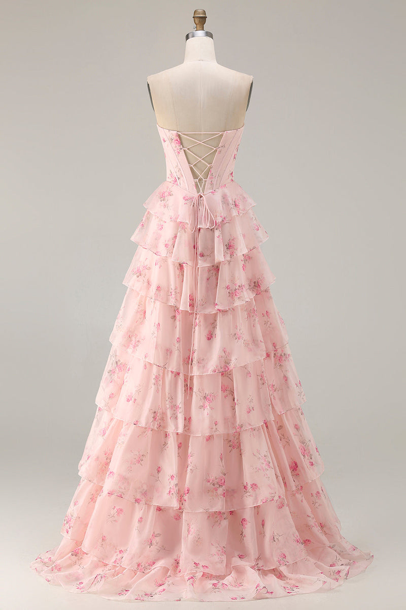 Load image into Gallery viewer, Sparkly Pink and Red Floral Long Corset Prom Dress with Beading