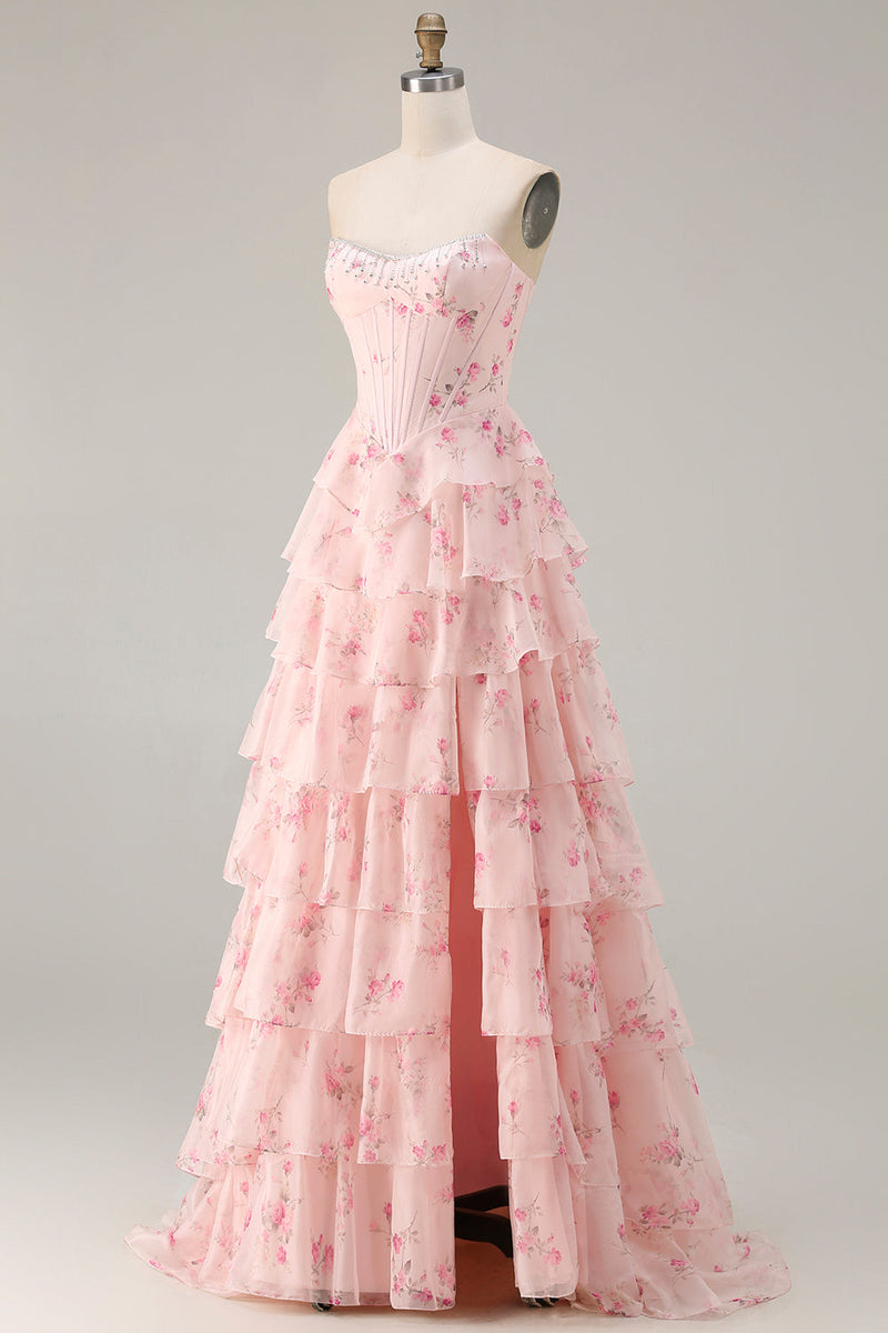 Load image into Gallery viewer, Sparkly Pink and Red Floral Long Corset Prom Dress with Beading