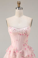 Load image into Gallery viewer, Sparkly Pink and Red Floral Long Corset Prom Dress with Beading